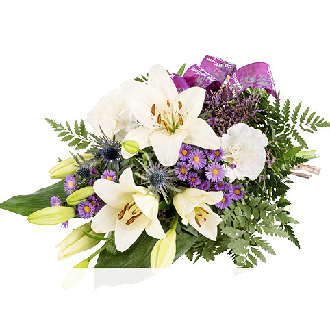 Blumen und Präsente von 123Blumenversand. Angebot "Liegestrauß in Lila und Weiß" ab 79.99 zzgl. Lieferung.