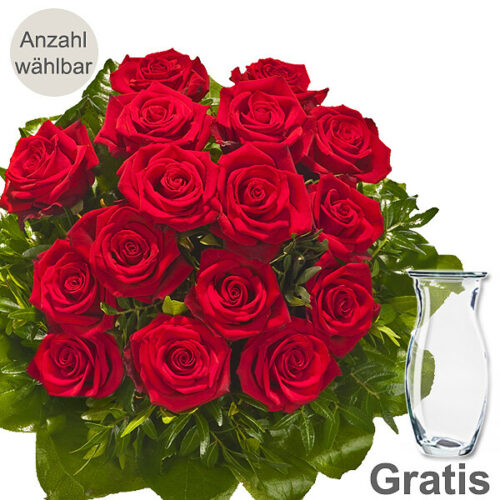 Blumen und Präsente von FloraPrima. Angebot "Roter Rosenstrauß mit Vase" ab 24.99 zzgl. Lieferung.