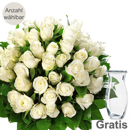 Blumen und Präsente von FloraPrima. Angebot "Weißer Rosenstrauß mit Vase" ab 24.99 zzgl. Lieferung.