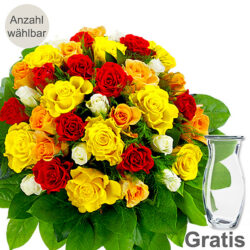 Blumen und Präsente von FloraPrima. Angebot "Bunter Rosenstrauß mit Vase" ab 24.99 zzgl. Lieferung.