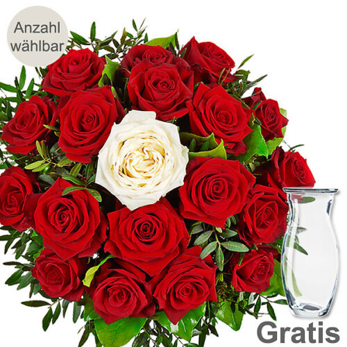 Blumen und Präsente von FloraPrima. Angebot "Rosenstrauß mit Vase Nur für Dich" ab 24.99 zzgl. Lieferung.