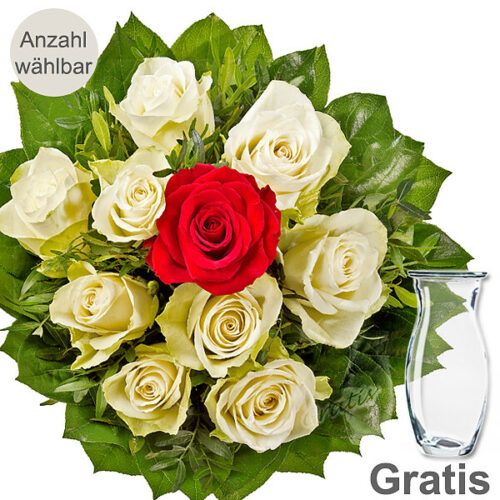 Blumen und Präsente von FloraPrima. Angebot "Rosenstrauß mit Vase Rosenpoesie" ab 24.99 zzgl. Lieferung.